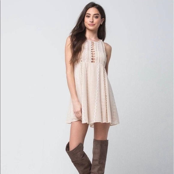 Free People Open Back Sleeveless Crochet Detail Neutral Beige Mini Dress | 6 - Picture 2 of 13